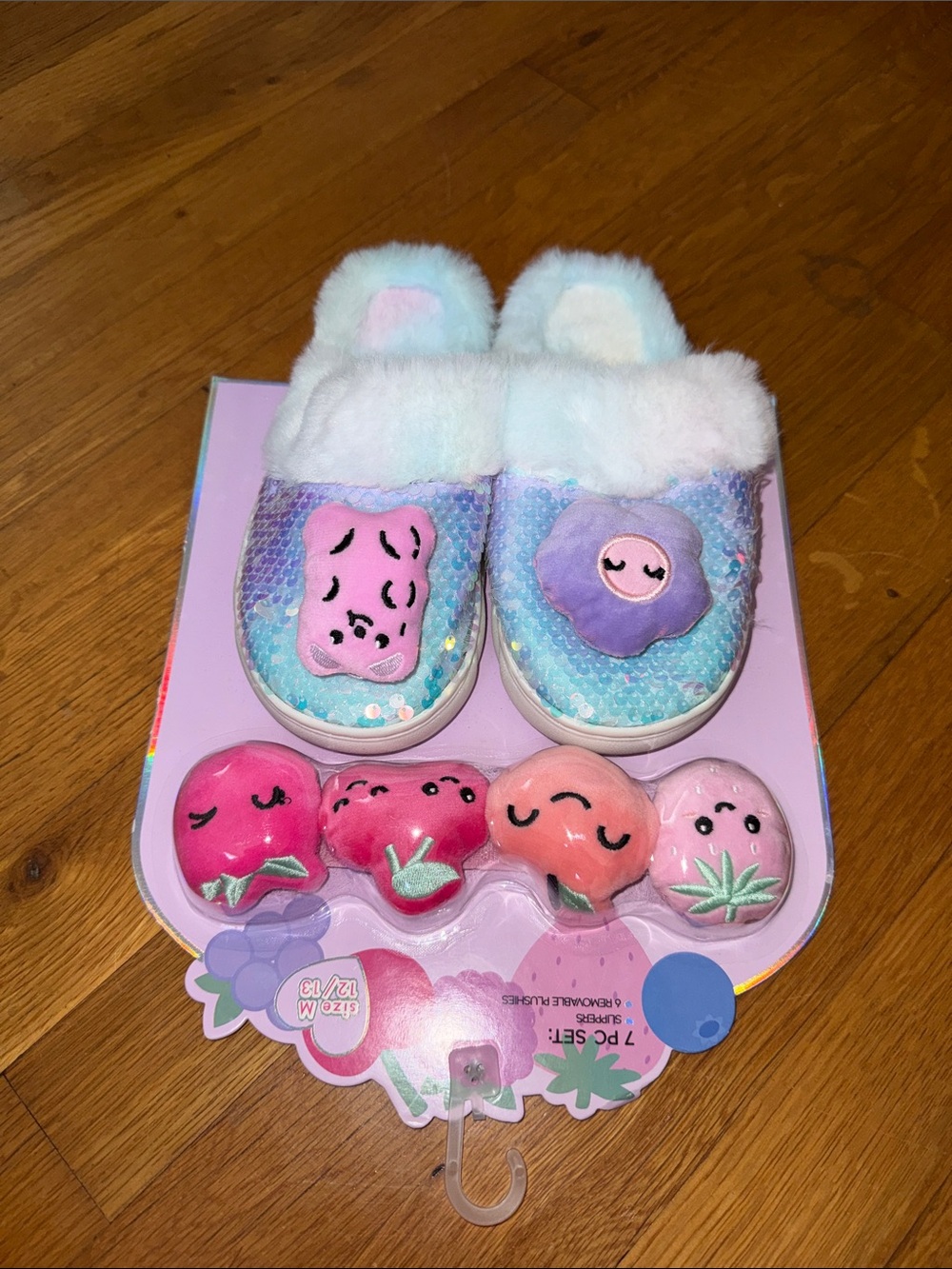 Kids Plush Sequin Slippers with Fruit Plush Charms - Pastel Blue/Pink